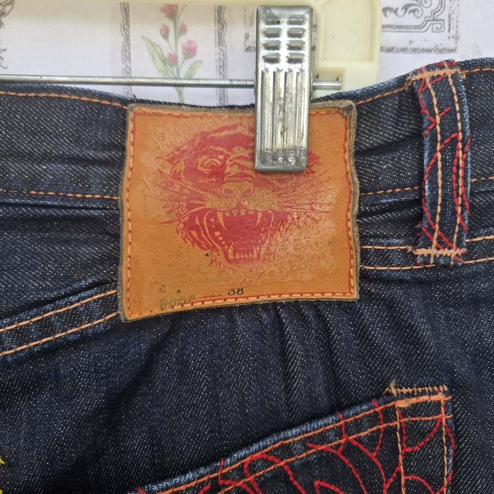 Rare VTG Ed Hardy Mens Blue Dragon Mermaid Embroidered Denim Jeans 38x34 Baggy - Picture 7 of 12